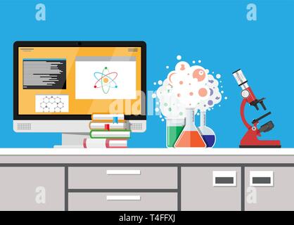 Laboratory equipment, jars, beakers, flasks, microscope and pile of books. Computer with software. Biology science education medical. Vector illustrat Stock Vector