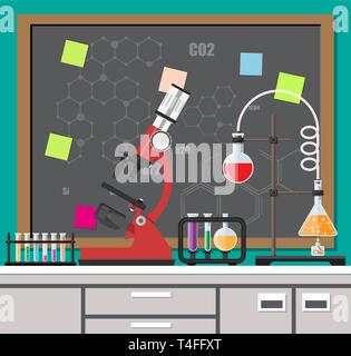 Science experiment in laboratory. Laboratory equipment, jars, beakers, flasks, microscope, spirit lamp. Biology science education medical vector illus Stock Vector