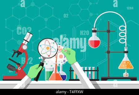 Science experiment in laboratory. Laboratory equipment, jars, beakers, flasks, microscope, spirit lamp. Biology science education medical vector illus Stock Vector
