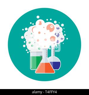 Laboratory equipment, jars, beakers, flasks. Chemical reaction. Biology science education medical. Vector illustration in flat style Stock Vector