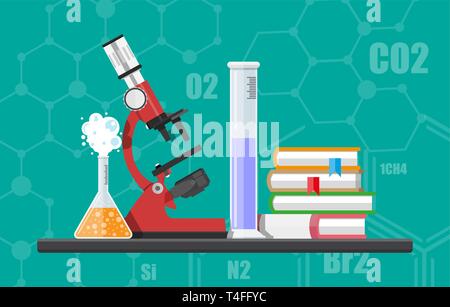 Laboratory equipment, jars, beakers, flasks, microscope and pile of books. Biology science education medical. Vector illustration in flat style Stock Vector