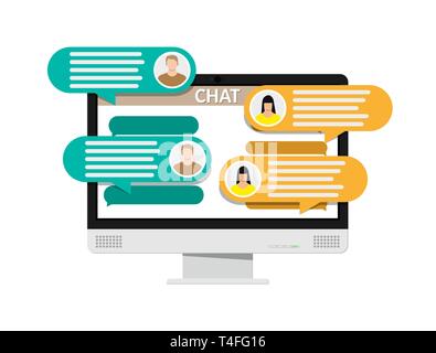 Desktop pc with messaging sms app. Chat bubbles on monitor. Chat between man and woman. Social netwroking. Discussion, talking, assistance. Vector ill Stock Vector