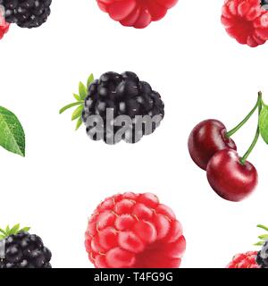 Blackberry cherry and raspberry seamless pattern. 3d realistic vector berries. Stock Vector