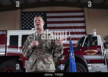 U.S. Air Force Maj. Gen. Andrew Croft, 12th Air Force commander, speaks to Air Force members located at Soto Cano Air Base, Honduras, during an all-call, April 7, 2019. Croft and U.S. Air Force Command Chief Master Sgt. John Storms, 12th AF command chief, visited members assigned to Joint Task Force – Bravo and 612th Air Base Squadron to host a town hall and meet with unit leadership. Stock Photo