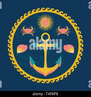 Nautical circle poster. Cartoon style with grunge effects. Anchor, sun, crab, shell. Round frame from waves Stock Vector