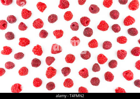 Pattern made from fresh raspberries, top view, flat lay pattern, isolated on a white background. Stock Photo