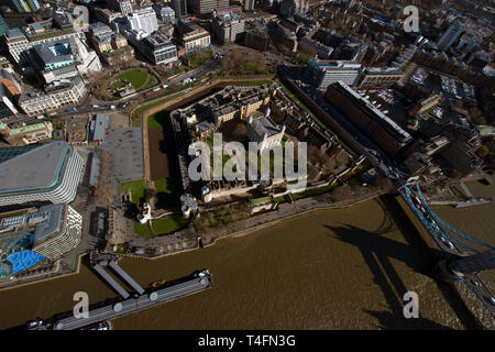 An aerial view of the Tower of London by the River Thames.