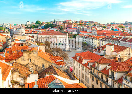 Lisbon, Portugal skyline view over Rossio Square from elevator Santa de Justa. cityscape Stock Photo