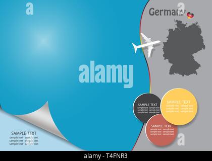 Travel Germany template vector showing the airplane approaching the blind dark gray German map on the light gray background. Vector contains page curl Stock Vector