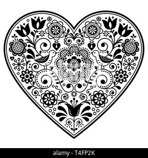 Scandinavian folk heart vector design, Valentine's Day, birthday or wedding greeting card, floral pattern in black and white Stock Vector