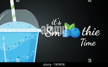 Blueberry smoothie fruit cocktail flat vector illustration. Tasty natural fruit, cup, straw and glass, blue layers of smoothies cocktail, Smoothie logo for summer fast food season menu. Clipping mask. Stock Vector