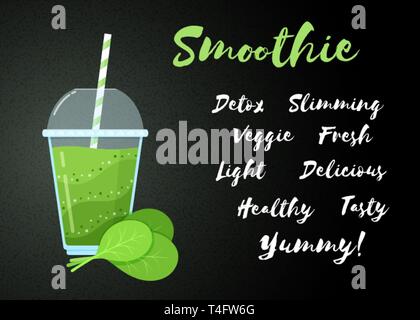 Green vegetable smoothie vitamin drink vector illustration. Big sign Smoothie on black background, glass, spinach leaves, filled with healthy green smoothies cocktail for drink energy landing page Stock Vector