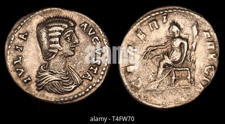 Roman silver Denarius coin (200-207AD) : Julia Domna (AD 160–217) Roman empress of Syrian origins, second wife of Septimius Severus Stock Photo