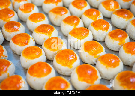 Thai dessert and Traditional Chinese dessert Sweet Filling with Salted Egg,  Chinese pastry filled with mung bean paste or mung bean with egg cake, ho Stock Photo