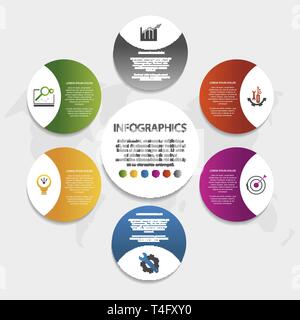 Modern 3D vector illustration. Circular infographic template with six elements. Icons and text. Designed for business, presentations, web design Stock Vector