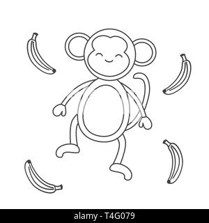 cute cartoon black and white monkey with banana vector illustration for coloring art Stock Vector