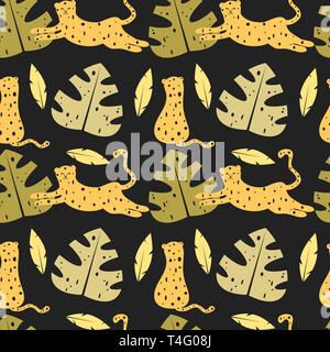 cute trendy abstract seamless vector pattern background illustration with leopards and tropical leaves Stock Vector
