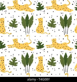cute trendy abstract seamless vector pattern background illustration with leopards and tropical leaves Stock Vector