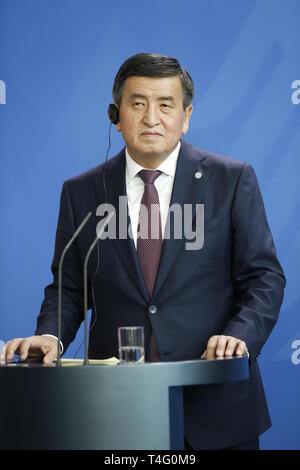 Berlin, Germany. 16th Apr, 2019. Berlin: The President of the Republic of Kyrgyzstan Sooronbaj Dshejenbekow at the press conference in the Federal Chancellery. Credit: Simone Kuhlmey/Pacific Press/Alamy Live News Stock Photo