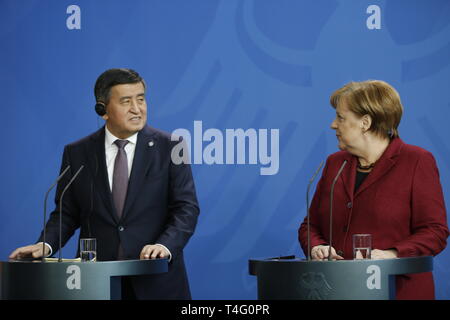 Berlin, Germany. 16th Apr, 2019. Berlin: The President of the Republic of Kyrgyzstan Sooronbaj Dshejenbekow and Chancellor Angela Merkel at the press conference in the Federal Chancellery. Credit: Simone Kuhlmey/Pacific Press/Alamy Live News Stock Photo