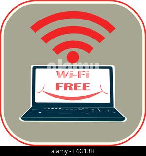 Flat drawing of a laptop. Sign, symbol of free wi-fi. Vector. Stock Vector
