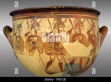 Large wine krater known as 'House of the Warrior Vase', showing men in full armour ( helmet, cuirass, greaves, shield and spear ) as they depart fro