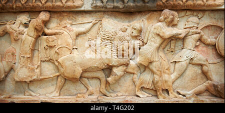 Treasury of Siphnos. Detail of North Frieze depicting the battle between the gods and the Giants. 525 B.C.  Delphi Archaeological Museum. Stock Photo