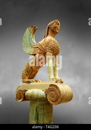 Large Sphinx of Naxos sitting on an Ionic column circa 560 B.C. Delphi Archaeological Museum. Stock Photo