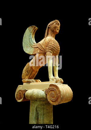 Large Sphinx of Naxos sitting on an Ionic column circa 560 B.C. Delphi Archaeological Museum. Stock Photo