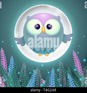 colorful card with cute little flying owl and full moon with nice gradients and fireflies Stock Vector