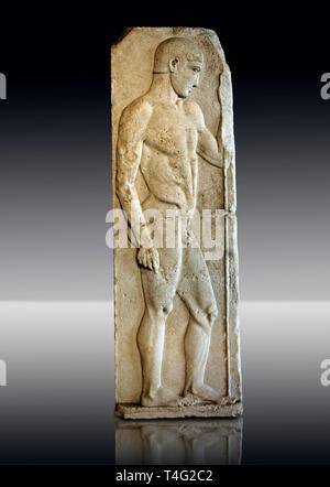 Severe Style (480 - 450 B.C, Greek Marble Funerary Stele of an athlete from Nisyros (Incir Ada) one of the Foça Islands, . Istanbul Archaeological Mus Stock Photo