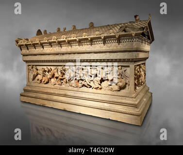 Alexander The Great ( Alexander III of Macedon) 4th Cent BC. Sarcophagus calved from Pentelic Marble from the Royal Necropolis of Sidon, Chamber no.II Stock Photo