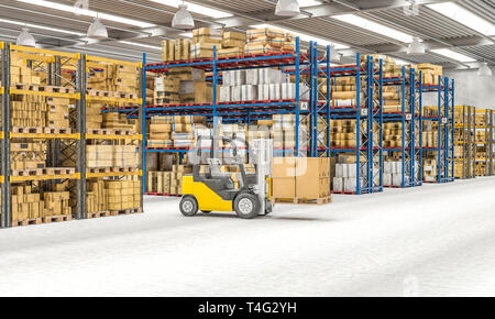 Interior 3d render of a warehouse with shelves full of goods and machinery at work. Logistics and shipping concept. Stock Photo