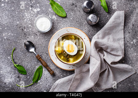 Sorrel soup or green borscht with eggs Stock Photo