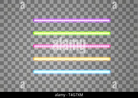 Shining led vector stripes, neon illumination on transparent background, set of pink, yellow, purple, blue, green glowing decorative tapes of diode Stock Vector