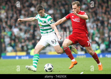 Glasgow, Scotland - April 14. Kieran Tierney of Celtic and Greg Stewart of Aberdeen compete for the ballduring the William Hill Scottish Cup Stock Photo