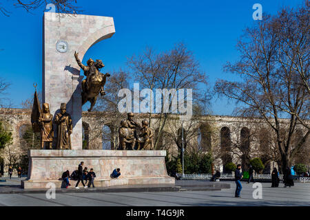 Fatih, Istanbul / Turkey - March 04 2019: Fatih Sultan Mehmet Monument and Bozdogan ( Valens ) Aqueduct behind Stock Photo