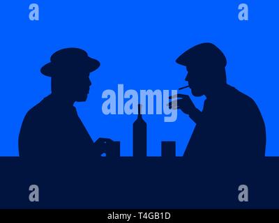 Two men drink whiskey in a bar. The contour of men in hats in retro style. Vector illustration Stock Vector