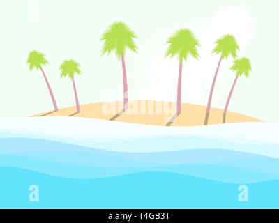 Summer beach. Landscape with palm trees, sea waves and the sun. Vector illustration Stock Vector