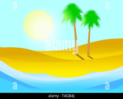 Palm tree on the sandy beach. Tropical island, summer landscape. Vector illustration Stock Vector