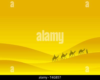 Caravan in the desert. People on camels move on sand dunes. Desert landscape. Vector illustration Stock Vector