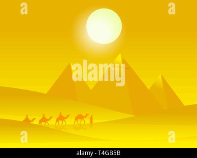 Caravan of camels with people in the hot desert on the background of the pyramids of Giza. Vector illustration Stock Vector