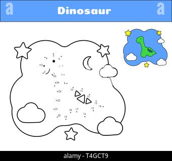 Connect the dots. Dino print cards for educational game. Coloring book for preschoolers. Cartoon character dinosaur. Cute diplodocus and clouds, moon, Stock Vector