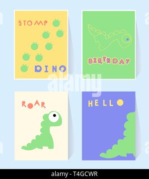 Hello Dino print card for invation birthday party. Dinosaurs stomp, roar. Poster in scandinavian style. Vector illustration orange, blue, green colors Stock Vector