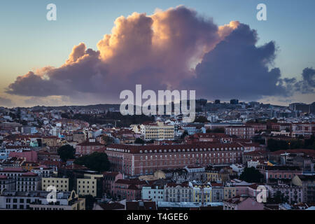 Evening sky over of Lisbon, Portugal, view from Miradouro da Graca. View with Sao Jose Hospital Stock Photo