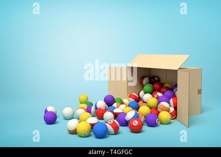 3d rendering of cardboard box lying sidelong with colorful snooker balls inside and in front of it on light-blue background with copy space. Stock Photo