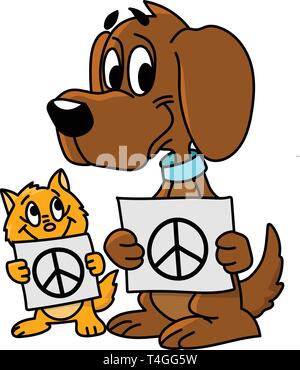 Cartoon cat and dog holding cards with peace symbols on vector illustration Stock Vector