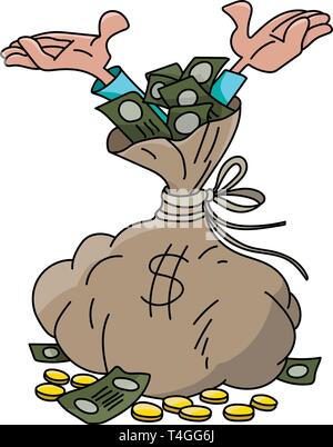 Cartoon man inside a sack full of money raising his hands happily vector illustration Stock Vector