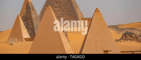 Meroe, Sudan, February 10., 2019: Restored Pyramids of the Black Pharaohs of Meroe in Sudan Stock Photo