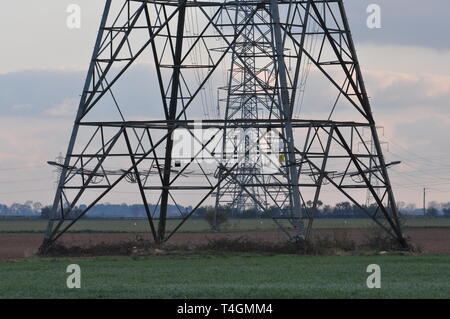Power pylons in the Fens, looking north-west from OS grid reference 287262, Lincolnshire, UK. Stock Photo
